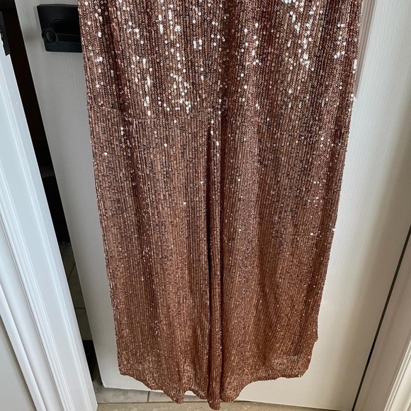 Nwt Ieena for Mac Duggal Sequined Drop Shoulder Faux Wrap Gown in Copper - Picture 9 of 15